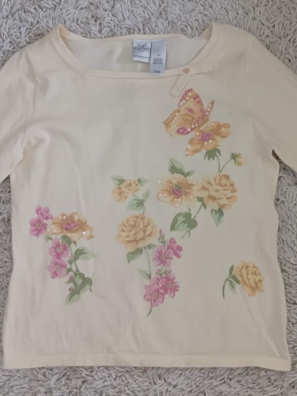 Emma James Liz Claiborne M Floral Butterfly Sequin Yellow Sweater 3/4 Sleeve